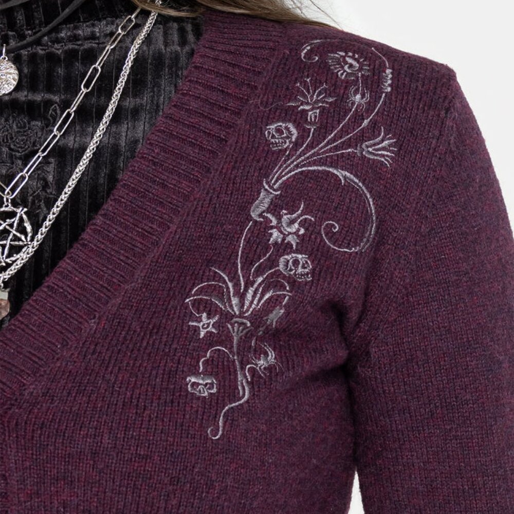 Disturbia Poe Embroidered Purple Cardigan Gray floral skull embroidery Sweater - Picture 2 of 3
